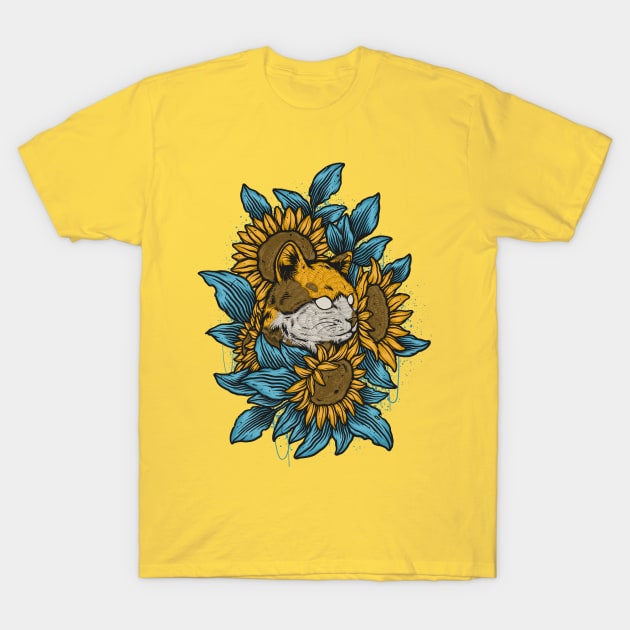 Cat sun flowers T-Shirt by vhiente